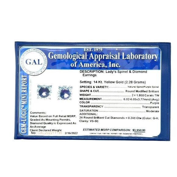 Natural Spinel Diamond Earrings 14k Y Gold 2.04 TCW Certified 211195 - Picture 9 of 9